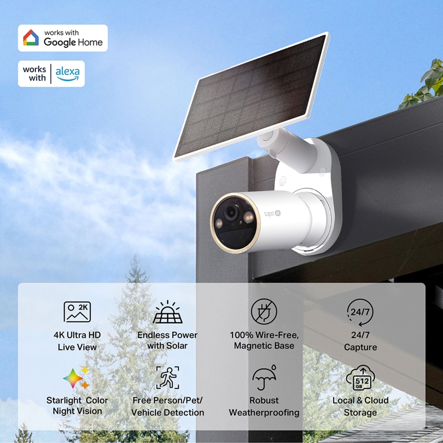 TP-Link Tapo C460 solcelle-kit monteret på bygning, ikoner til 4K Ultra HD, solcelledrift, magnetisk base, nattesyn.