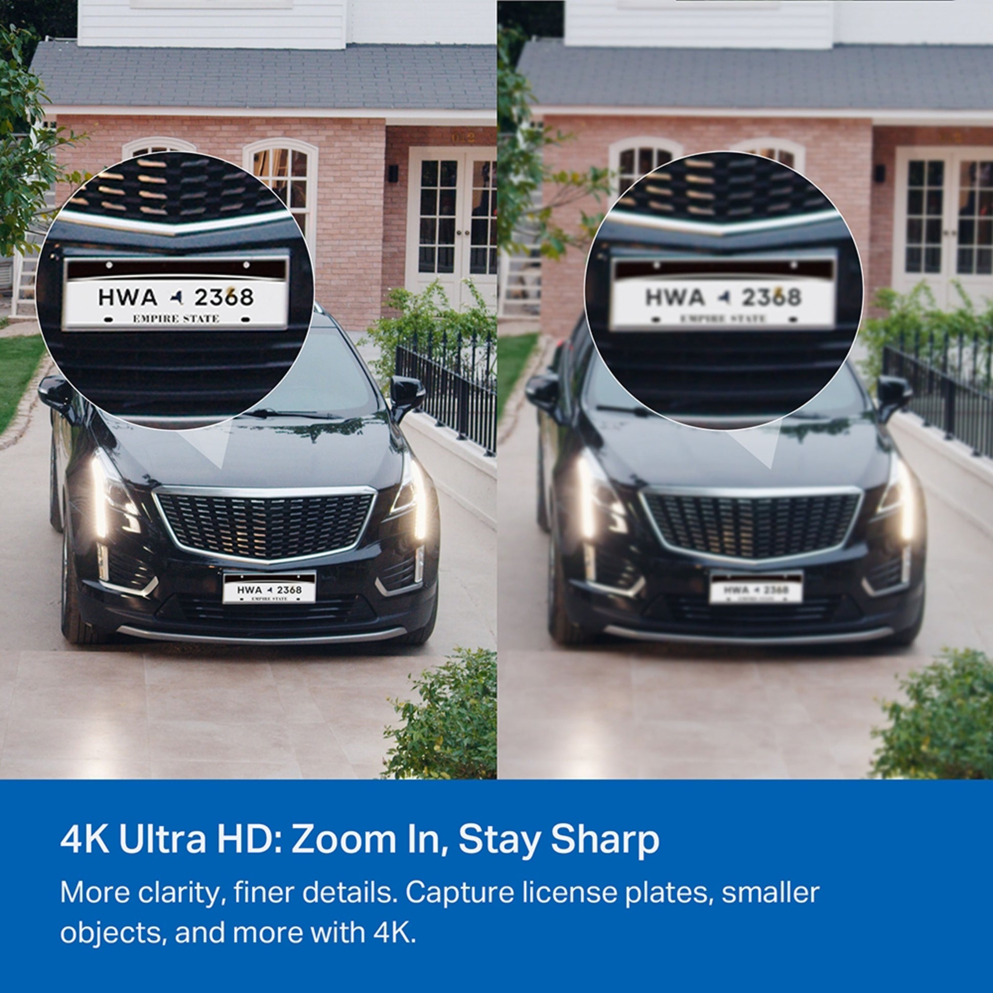 Tapo C460 Solcelle-kit 4K Ultra HD udendørs sikkerhedskamera, sort, viser skarpe nummerpladedetaljer.