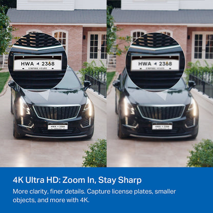 Tapo C460 Solcelle-kit 4K Ultra HD udendørs sikkerhedskamera, sort, viser skarpe nummerpladedetaljer.