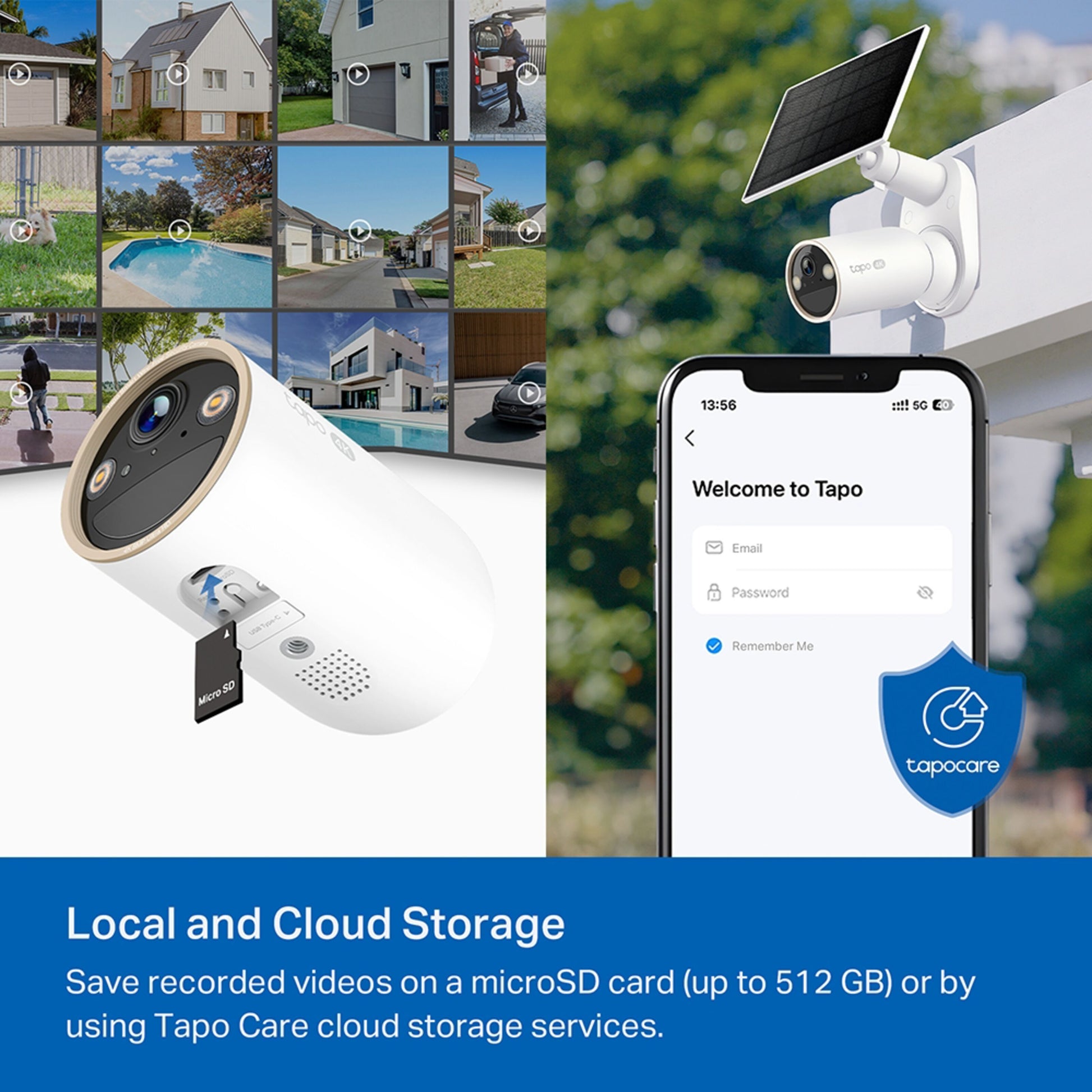 TP-Link Tapo C460 batteridrevet udendørs kamera med solcelle, vist med Tapo-app og microSD/cloud-lagring.