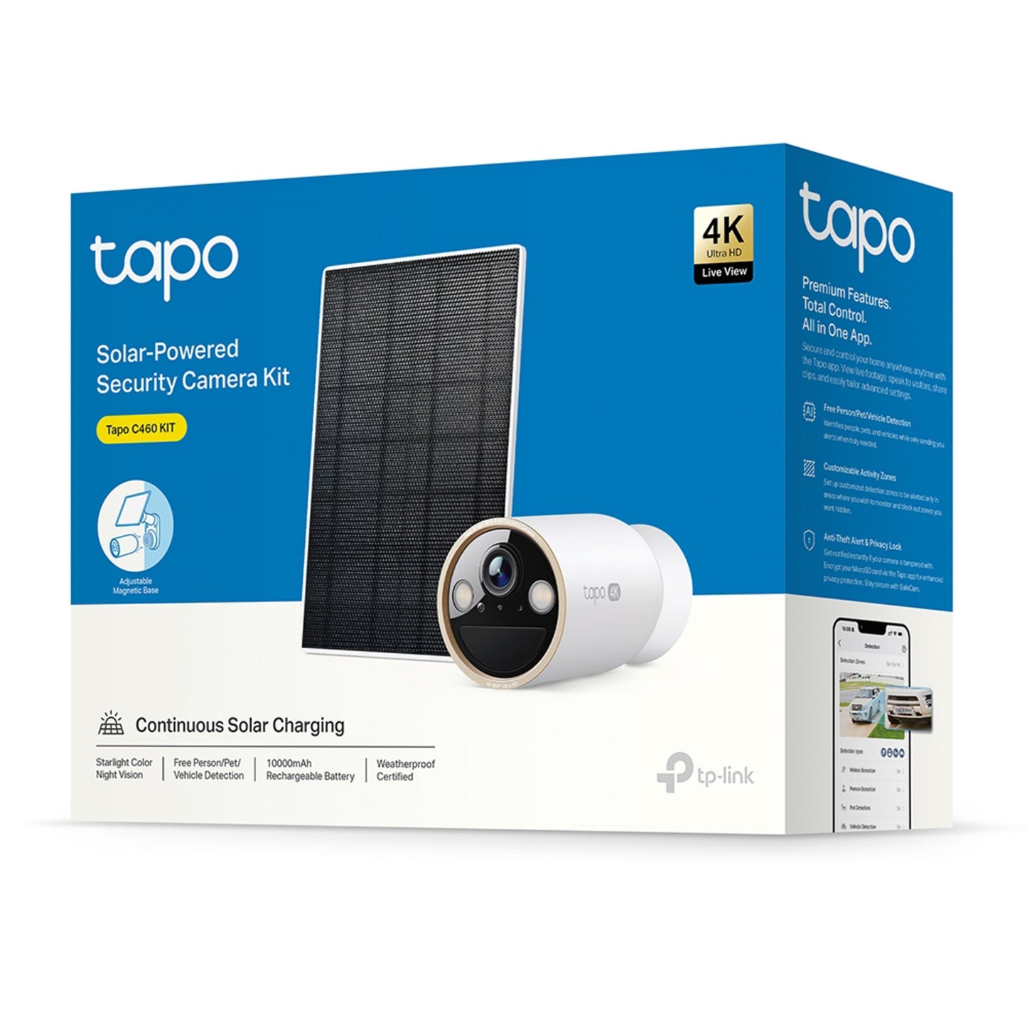 TP-Link Tapo C460 Solcelle-kit i blå og hvid æske, 4K Ultra HD live view, smarte funktioner, solcelledrevet udendørs kamera.