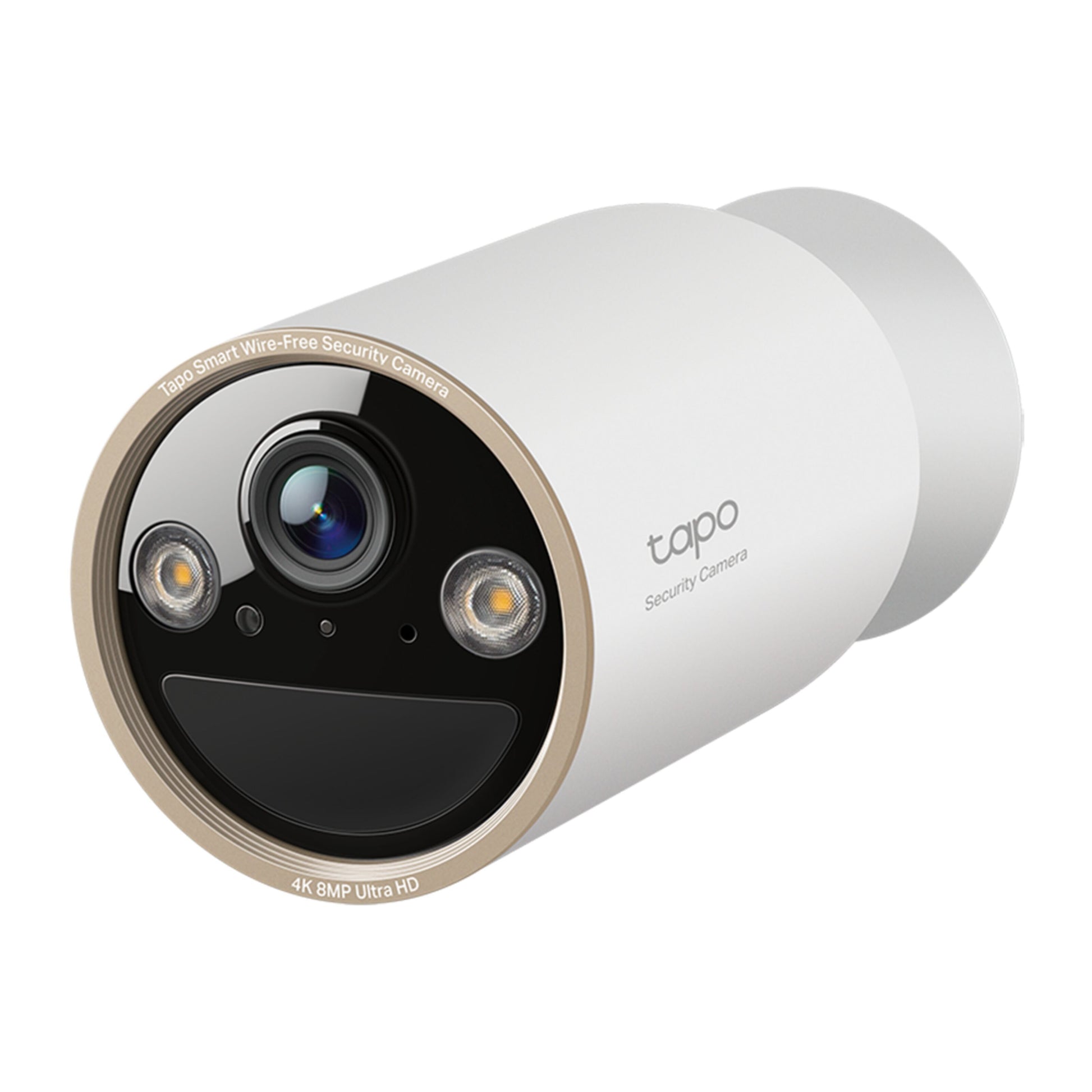 TP-Link Tapo C460 batteridrevet udendørskamera, sort front, dobbelte LED-lys, linse, sensorer, 4K 8MP Ultra HD.