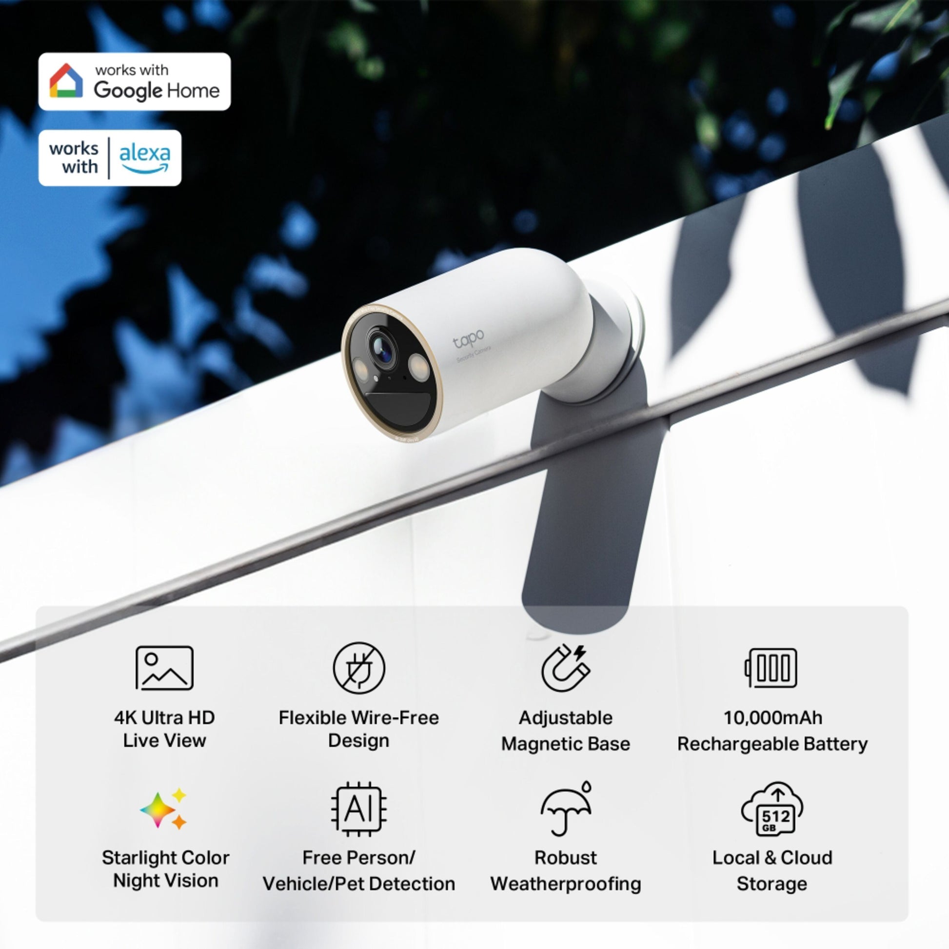 TP-Link Tapo C460 batteridrevet udendørskamera 4K UHD farvenatsyn, trådløs montering, magnetisk base, AI-detektion.