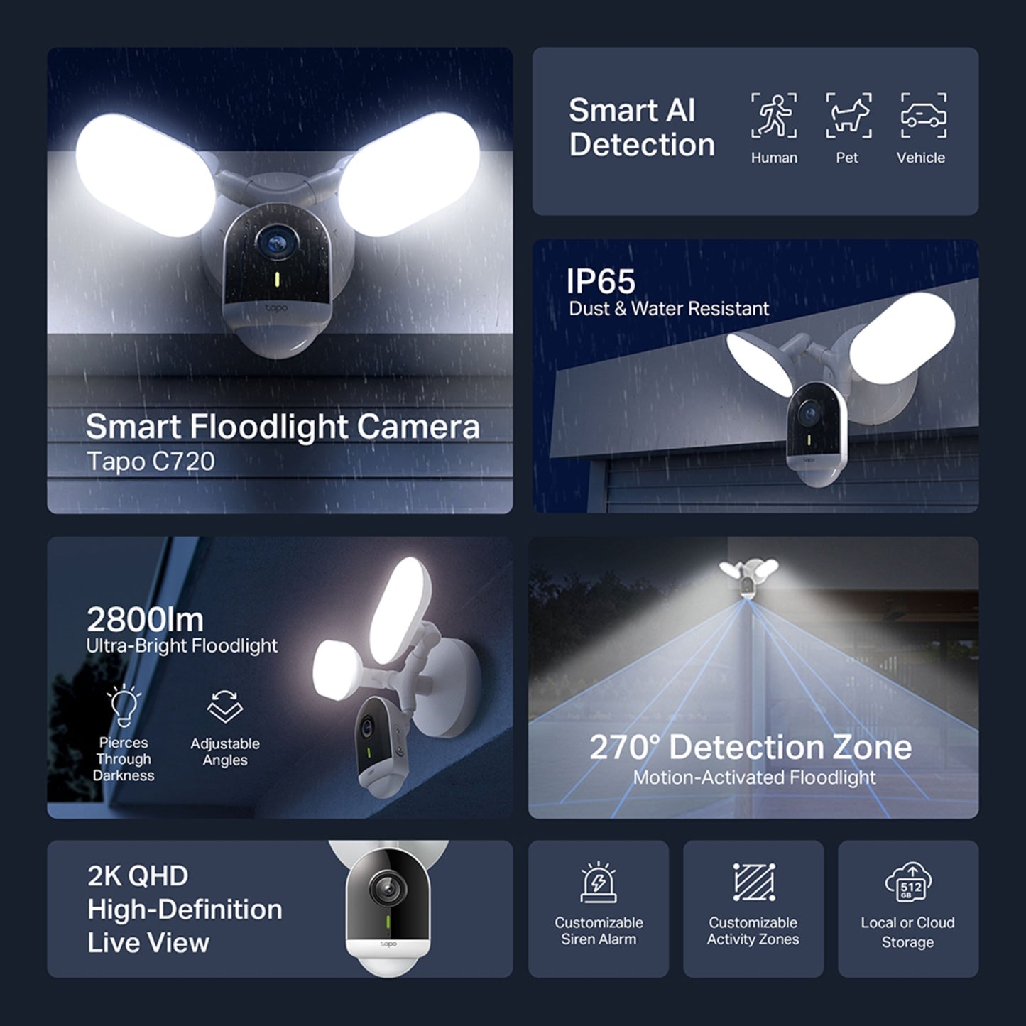 TP-Link Tapo C720 udendørs kamera med projektør, AI-overvågning, 2K QHD, dual LED 2800 lumen, vejrbestandig, hvid.