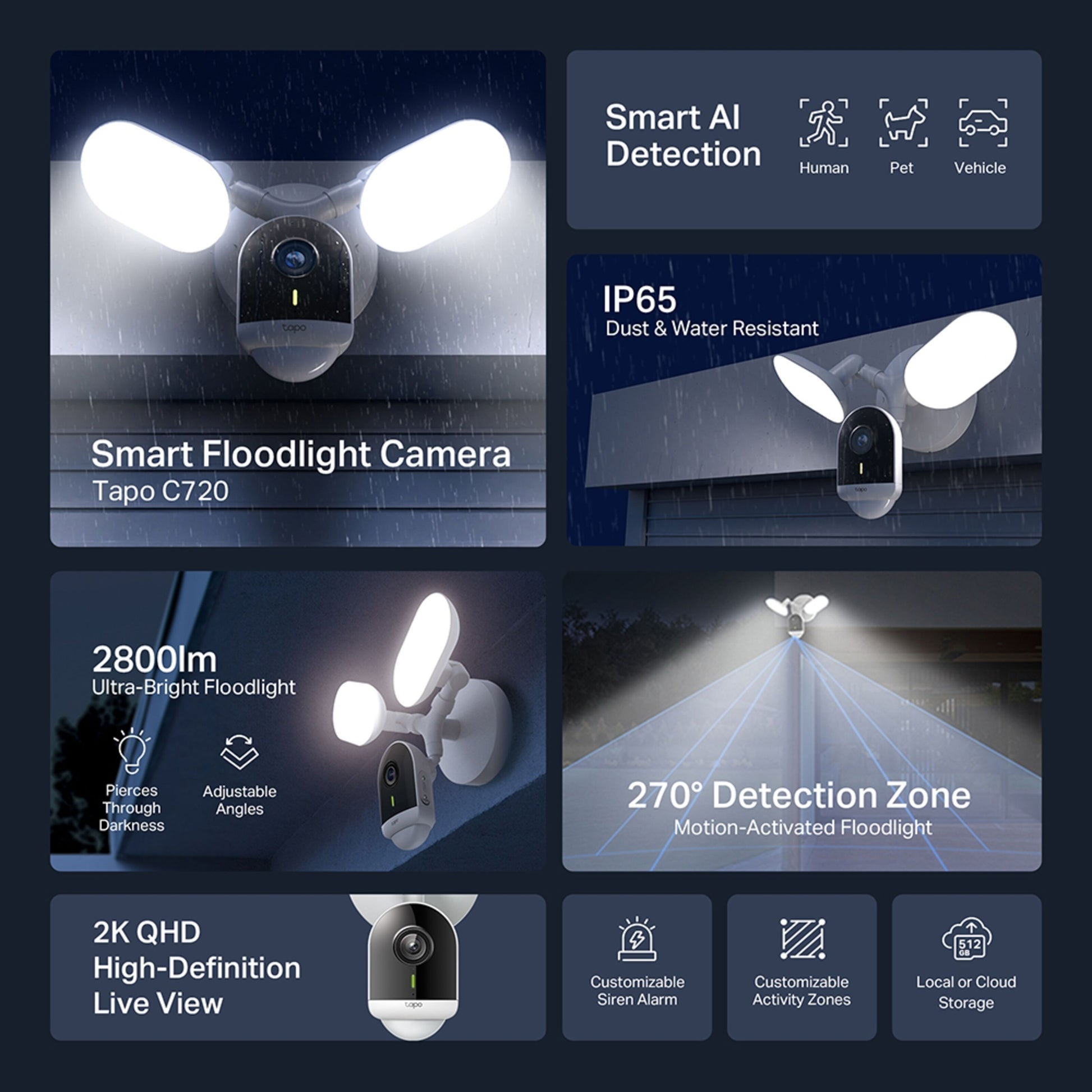 TP-Link Tapo C720 udendørs kamera med projektør, AI-overvågning, 2K QHD, dual LED 2800 lumen, vejrbestandig, hvid.