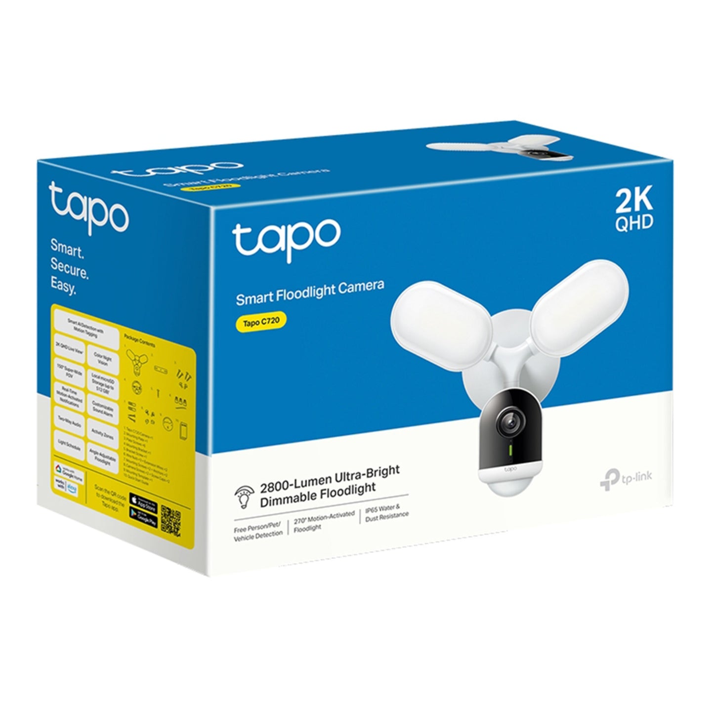 TP-Link Tapo C720 trådløst udendørskamera med 2K QHD, 2800-lumen dæmpbar projektør, IP65 vejrbeskyttelse.