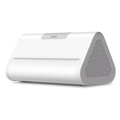 Tapo H500 Smart HomeBase, hvid trekantet hub med ventileret sidepanel og Tapo-logo.