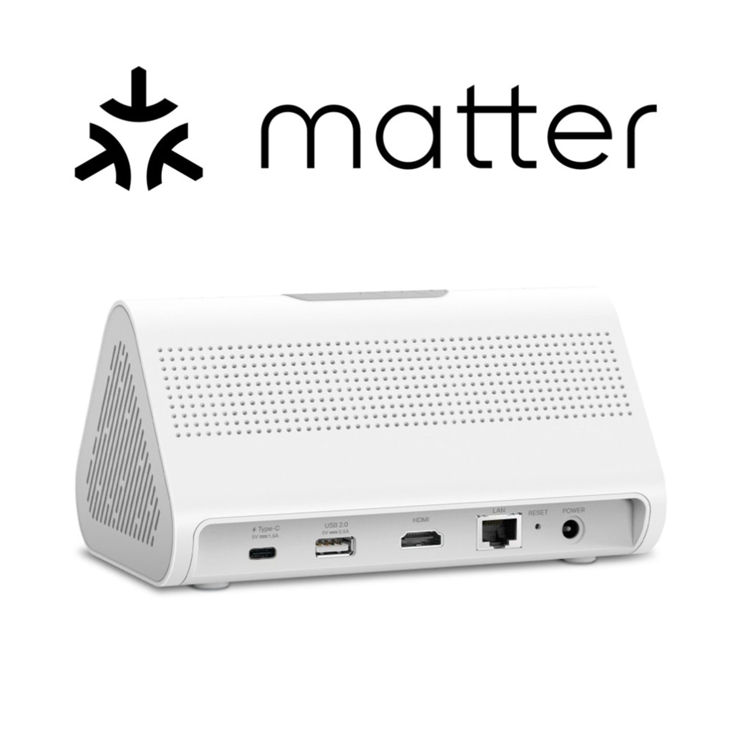 Tapo H500 Smart HomeBase med flere porte bagpå og Matter-logo på toppen til kompatibilitet med overvågningskameraer.