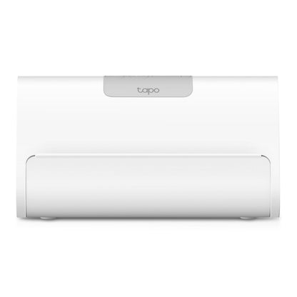 Tapo H500 Smart HomeBase, hvid rektangulær hub med "Tapo"-logo, understøtter overvågningskameraer og ansigtsgenkendelse.
