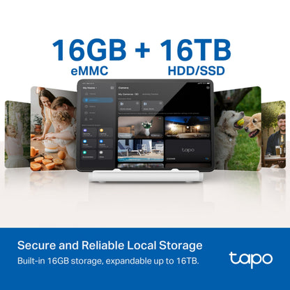 TP-Link Tapo H500 Smart HomeBase hub med overvågningskamera-feeds, ansigtsgenkendelse, 16GB eMMC, op til 16TB HDD/SSD.