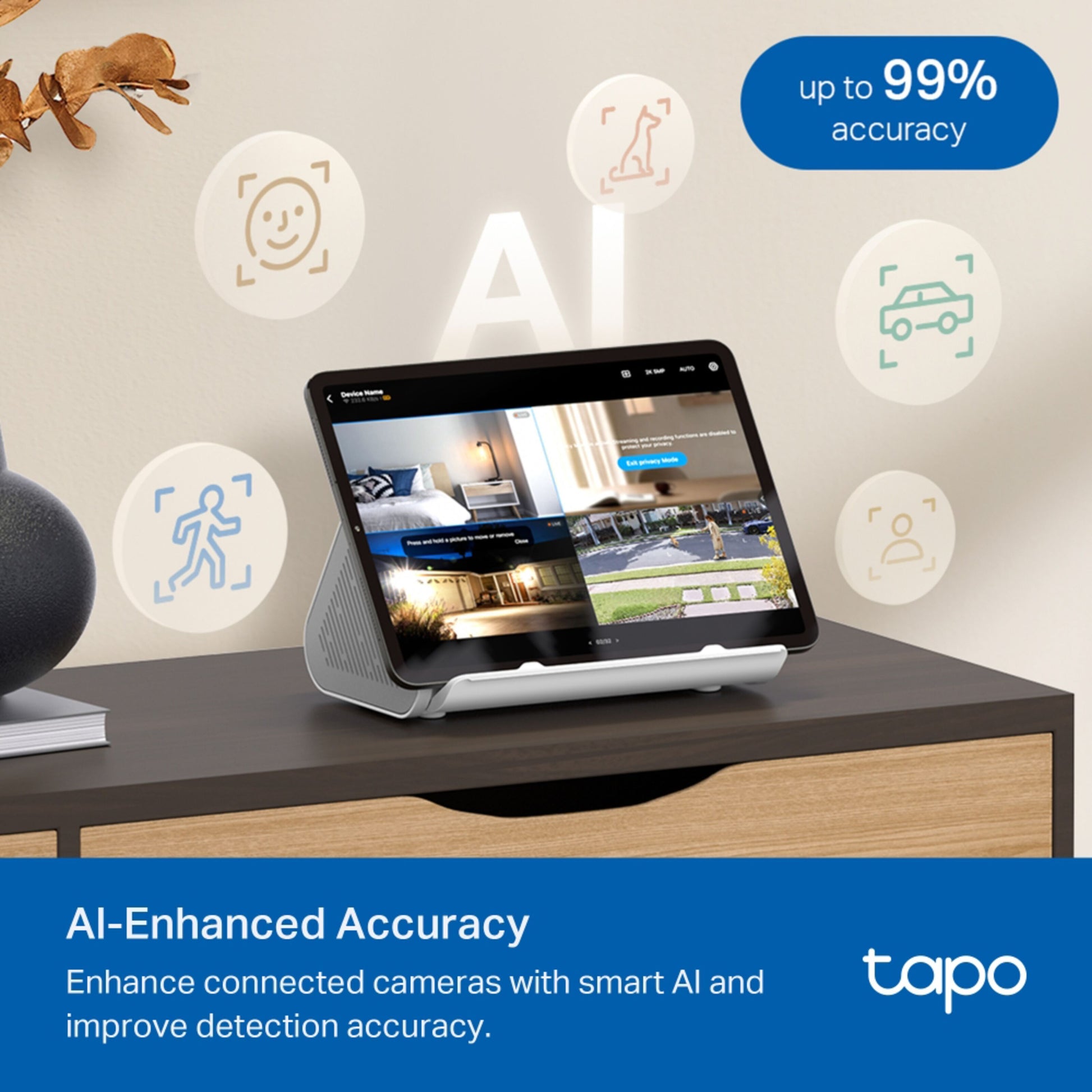 TP-Link Tapo H500 Smart HomeBase med skærm, viser op til 99 AI-præcision og ansigtsgenkendelse.