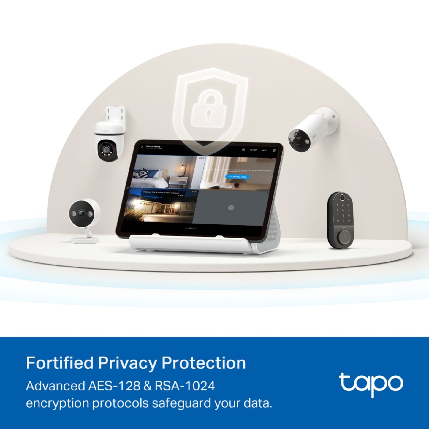 TP-Link Tapo H500 Smart HomeBase med sikkerhedsinterface, omgivet af smart home-enheder og kameraer, AES-128  RSA-1024-kryptering.