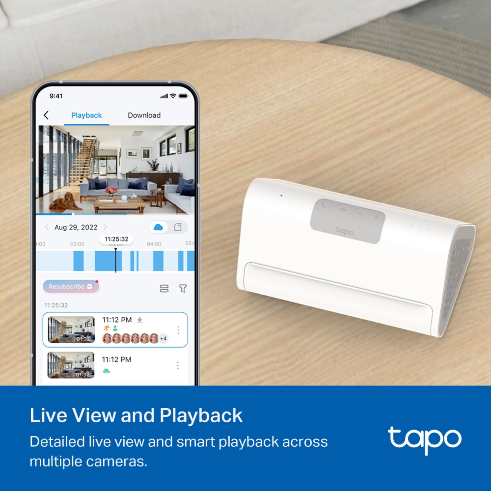 TP-Link Tapo H500 Smart HomeBase sorterer med smartphone, viser live/optaget video og ansigtsgenkendelse via Tapo-appen.
