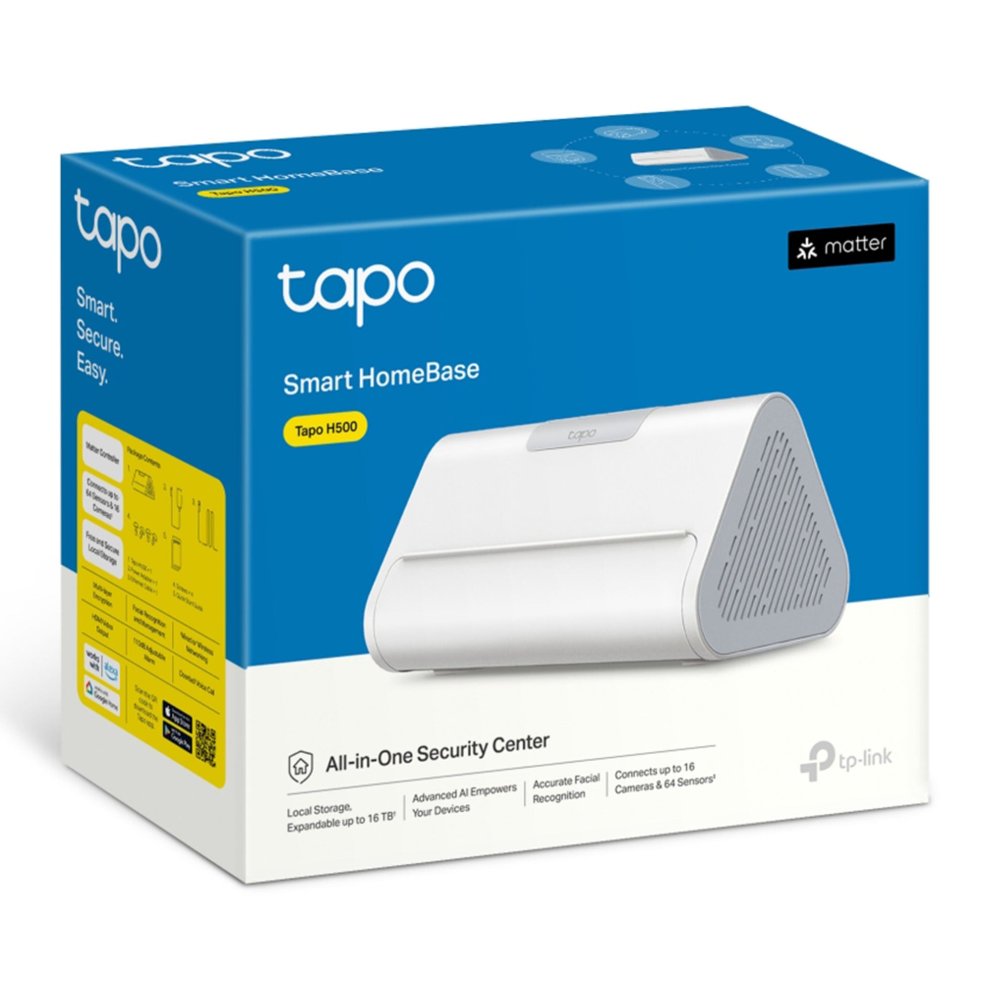 TP-Link Tapo H500 Smart HomeBase i blå og hvid æske, understøtter 16 kameraer, ansigtsgenkendelse og lokal lagring.