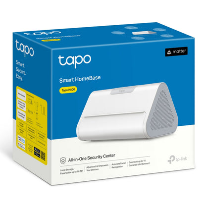 TP-Link Tapo H500 Smart HomeBase i blå og hvid æske, understøtter 16 kameraer, ansigtsgenkendelse og lokal lagring.