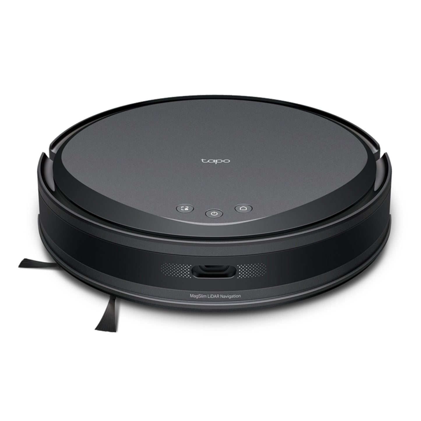 TP-Link Tapo RV20 Max robotstøvsuger rund sort med tre knapper på midten og sensor foran.