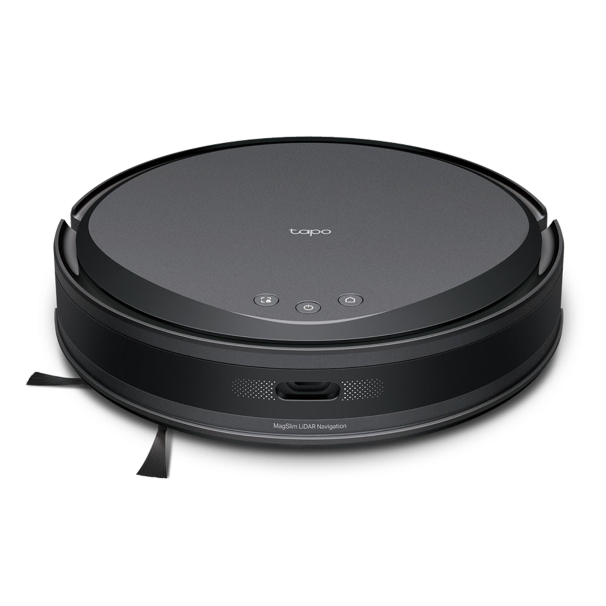 TP-Link Tapo RV20 Max robotstøvsuger rund sort med tre knapper på midten og sensor foran.