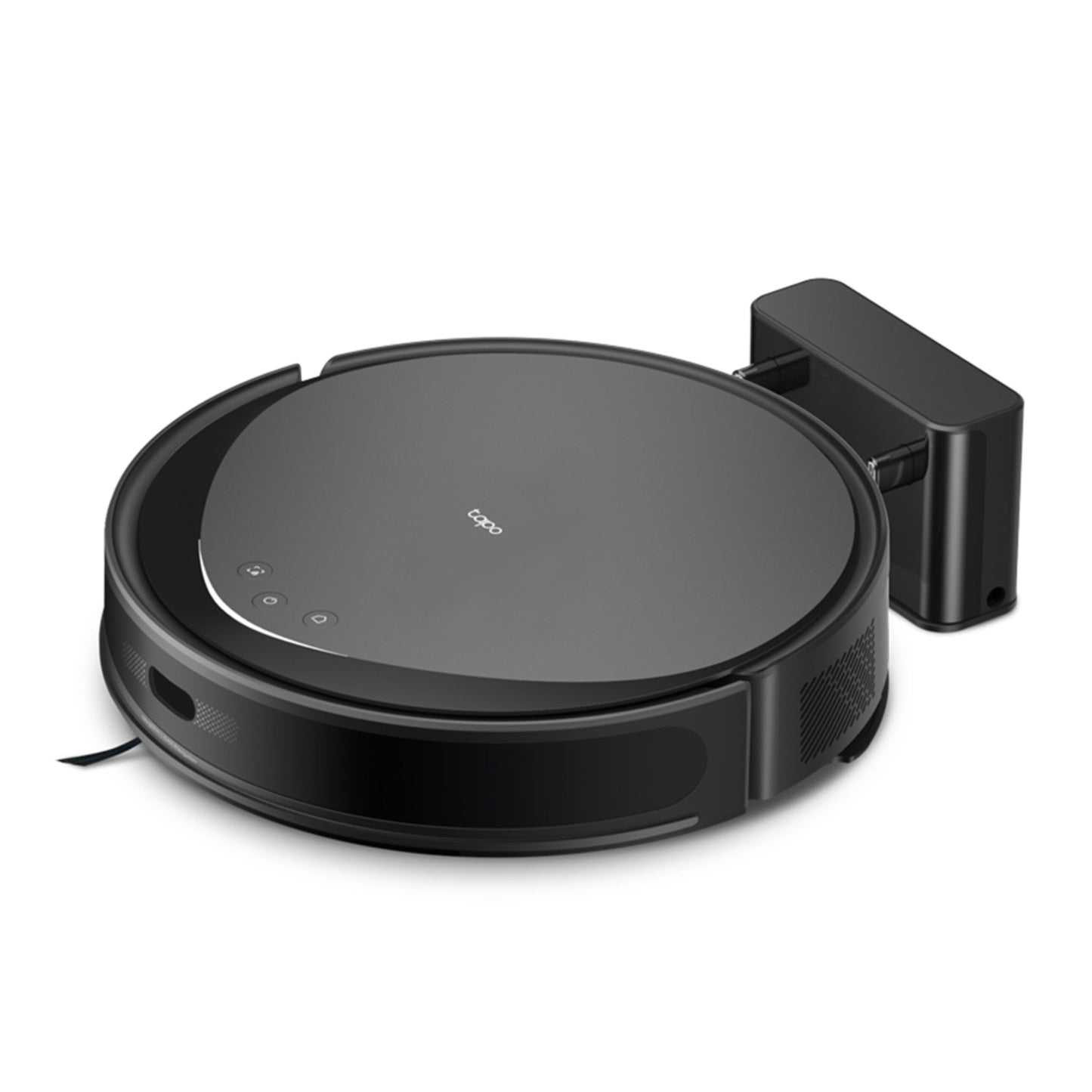 TP-Link Tapo RV20 Max robotstøvsuger, sort, rund form med touch-knapper på toppen og frontbørste ved ladestation.