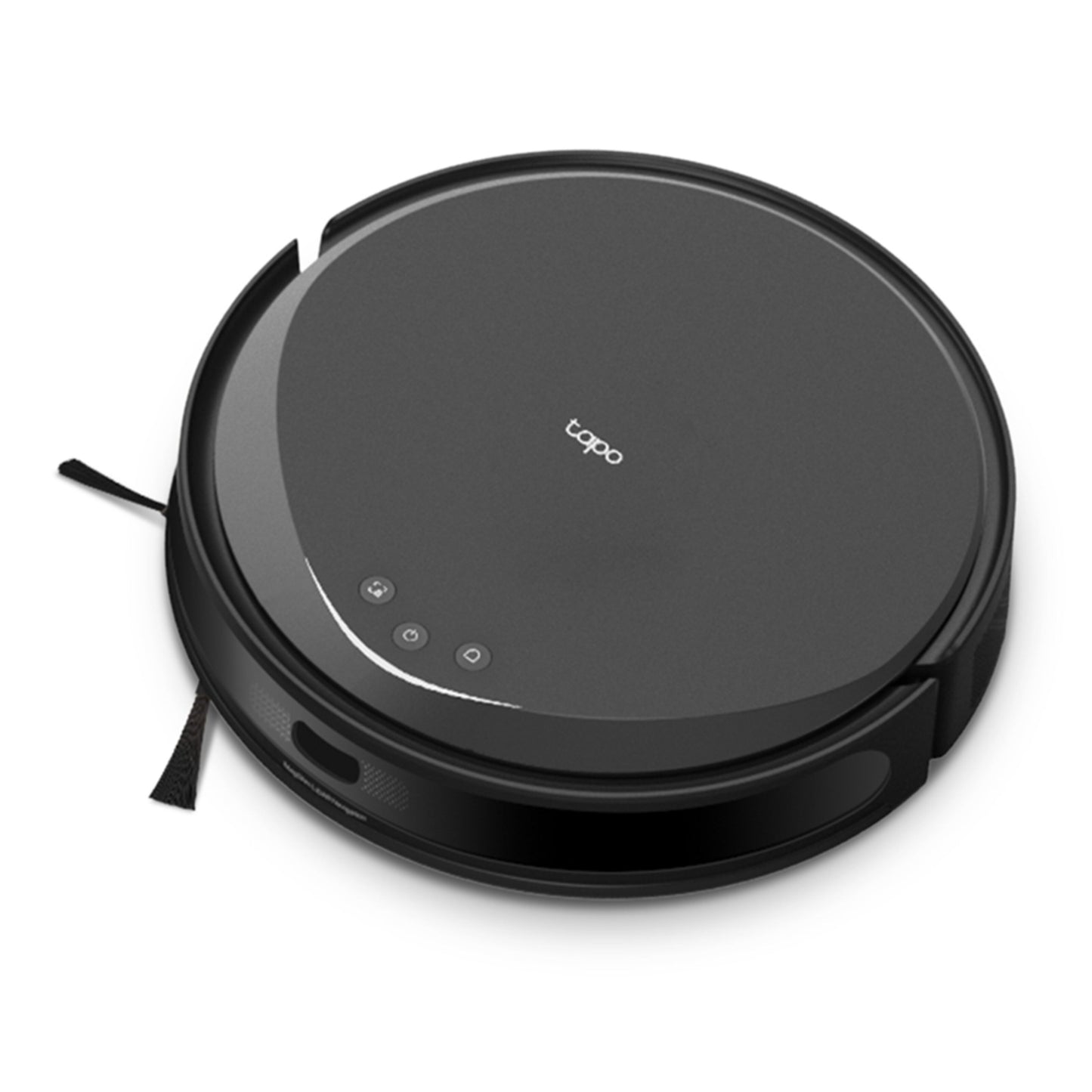 Sort rund Tapo RV20 Max robotstøvsuger med tre knapper og tapo-logo øverst.