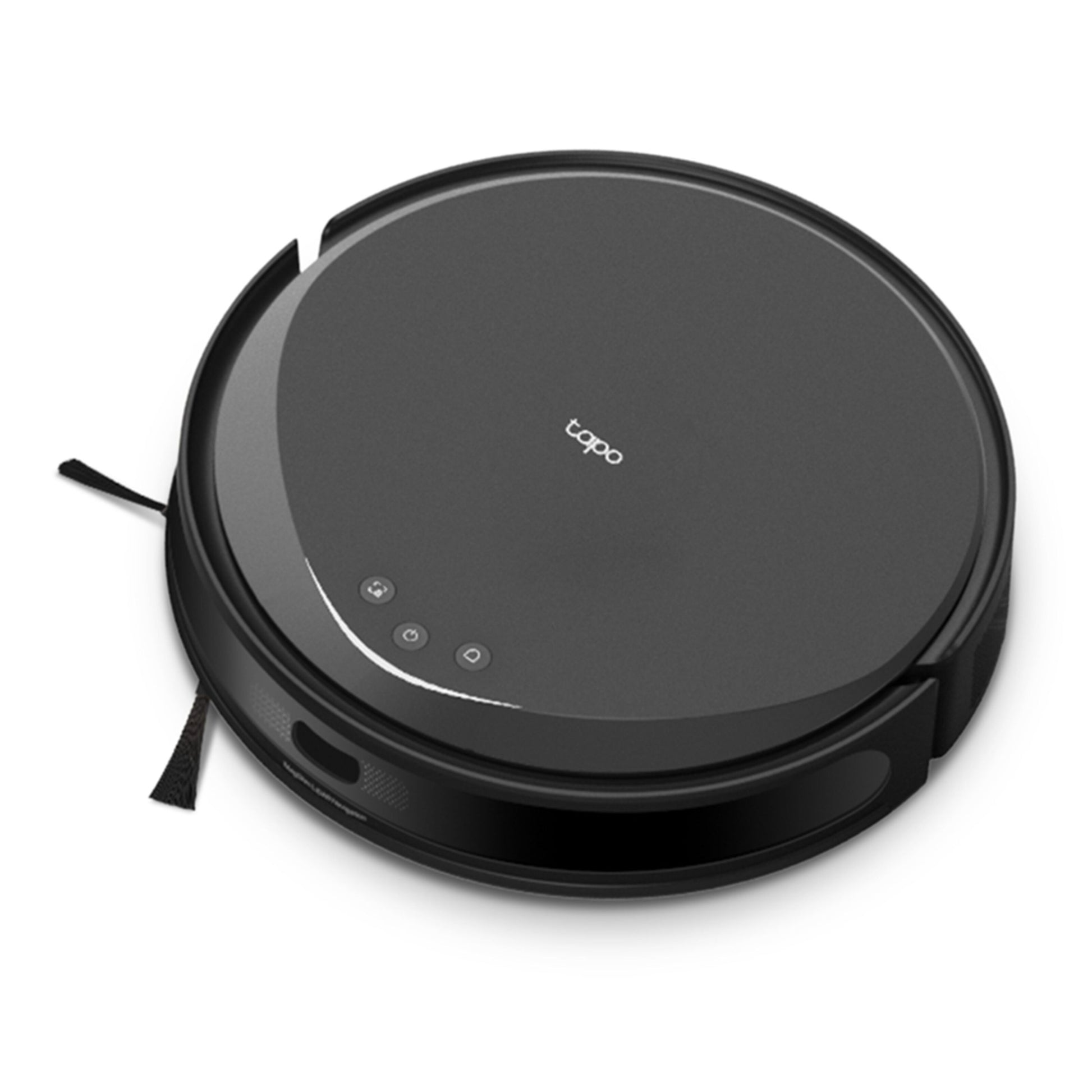 Sort rund Tapo RV20 Max robotstøvsuger med tre knapper og tapo-logo øverst.