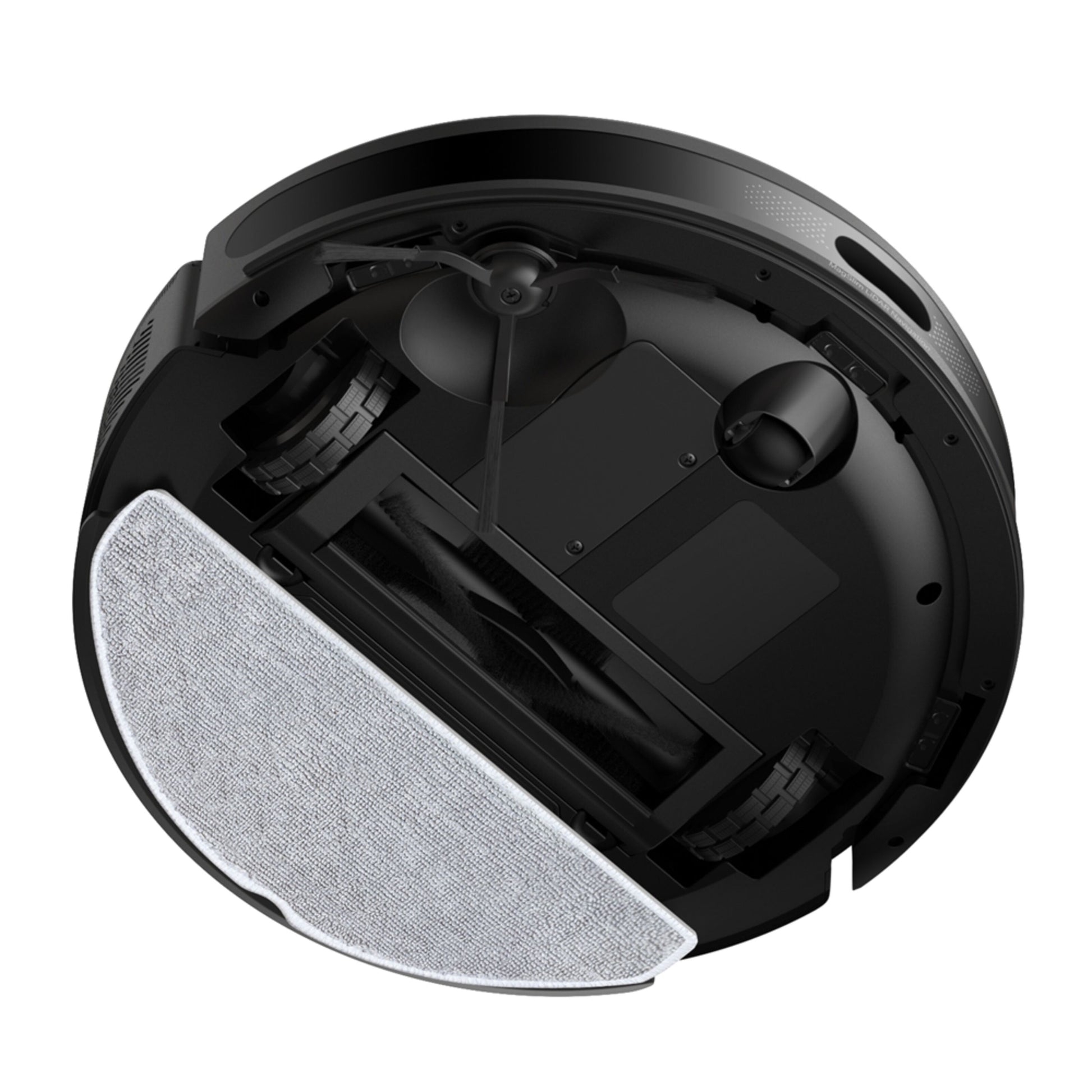 TP-Link Tapo RV20 Max robotstøvsuger underside med hjul, roterende børste, navigationsensorer og fastgjort moppepad.