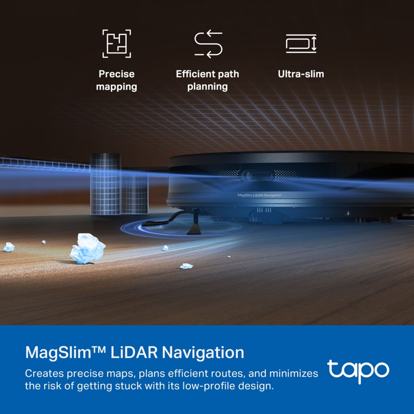 TP-link Tapo RV20 Max robotstøvsuger på trægulv, blå LiDAR-stråler, slankt design, synligt Tp-Link-logo.