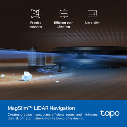 TP-link Tapo RV20 Max robotstøvsuger på trægulv, blå LiDAR-stråler, slankt design, synligt Tp-Link-logo.