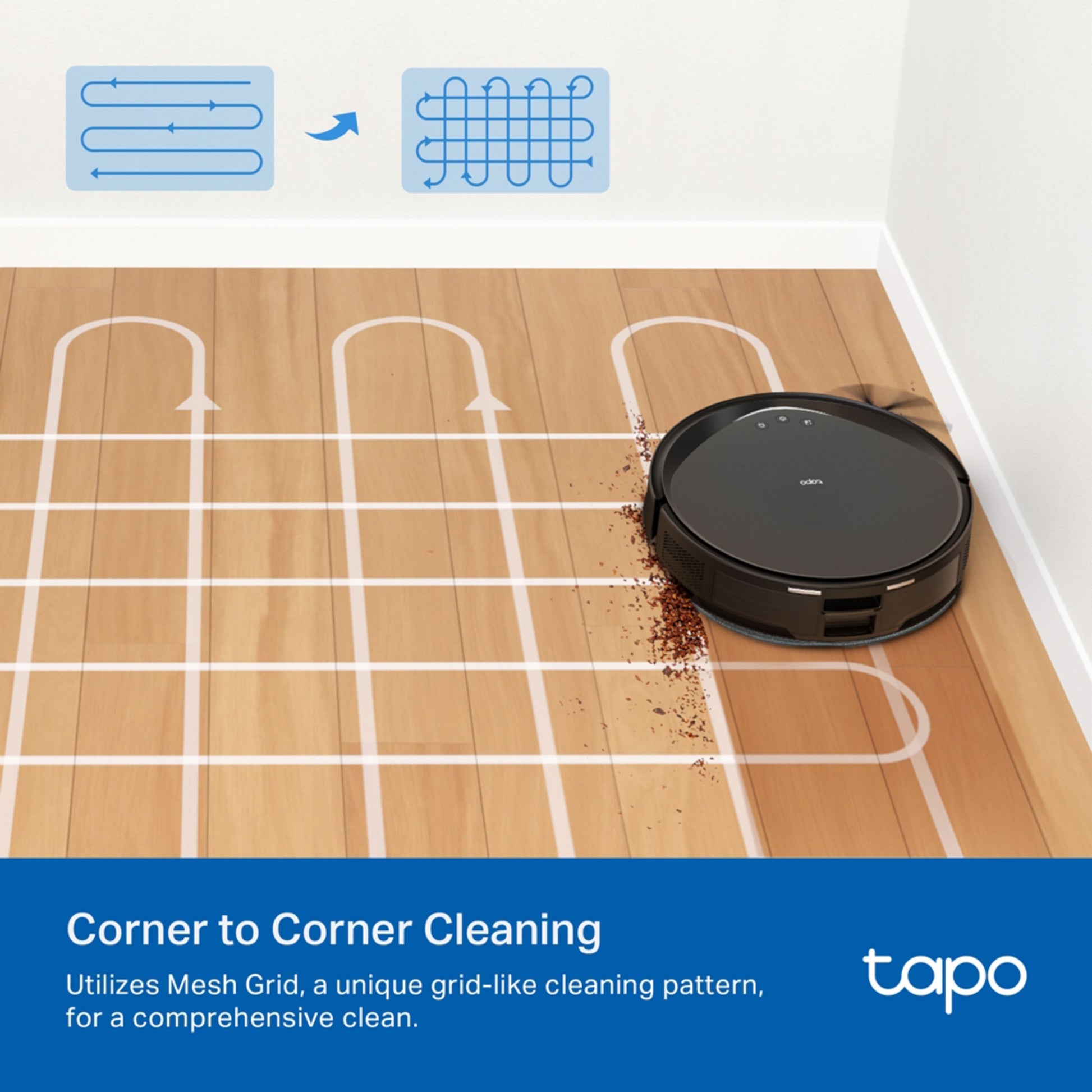 TP-Link Tapo RV20 Max robotstøvsuger sort, præcis navigation, Mesh Grid rengøringsmønster, tekst: Rengøring fra hjørne til hjørne.