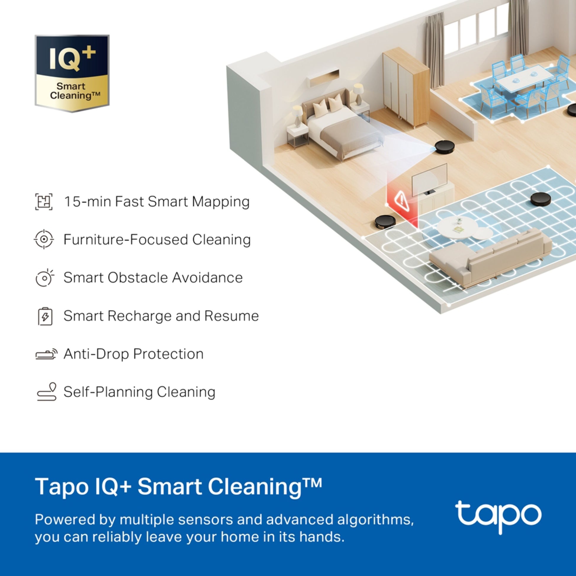 TP-Link Tapo RV20 Max robotstøvsuger med præcis navigation, 15 min smart mapping, forhindringsundgåelse og selvplanlagt rengøring.