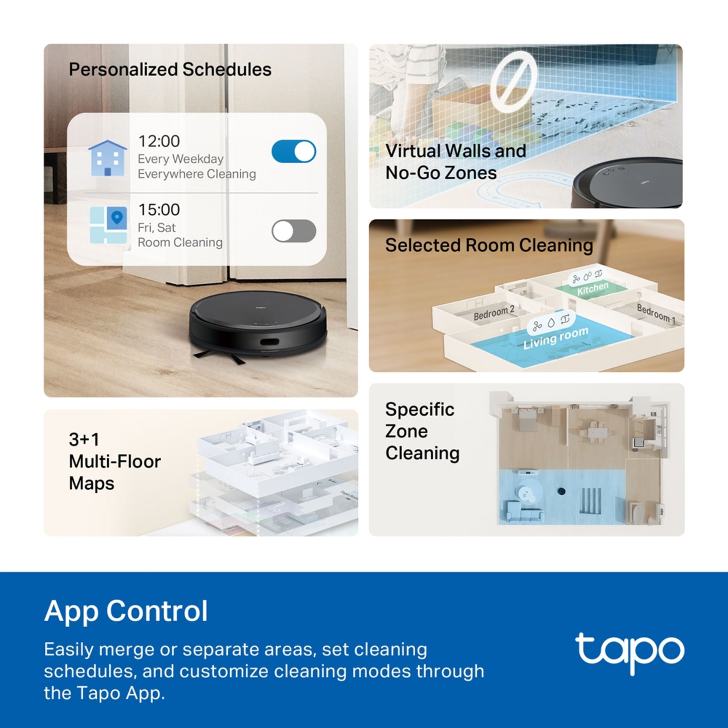 TP-Link Tapo RV20 Max robotstøvsuger med præcis navigation, tidsplaner, virtuelle vægge, rumvalg og 3+1 etagekort vises med app.