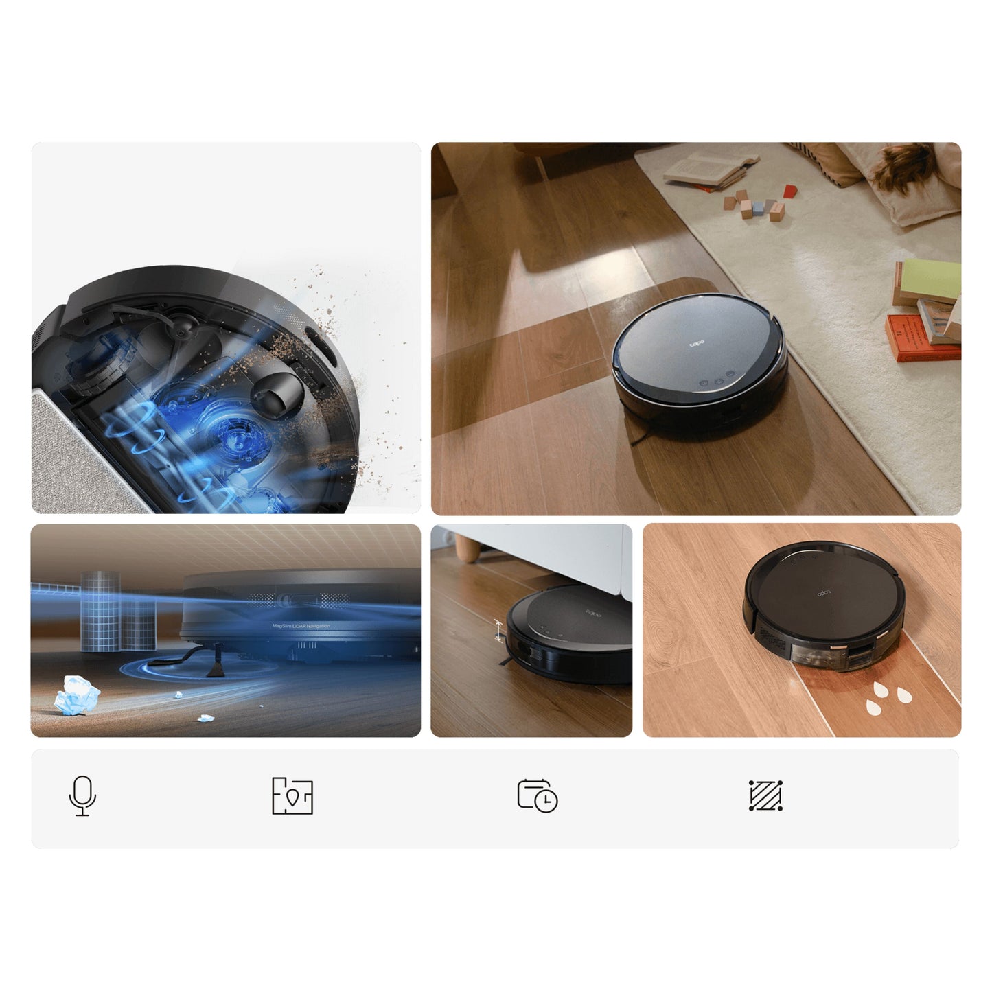 TP-Link Tapo RV20 Max robotstøvsuger med præcis navigation og effektiv rengøring ses i brug nær møbler på trægulv.