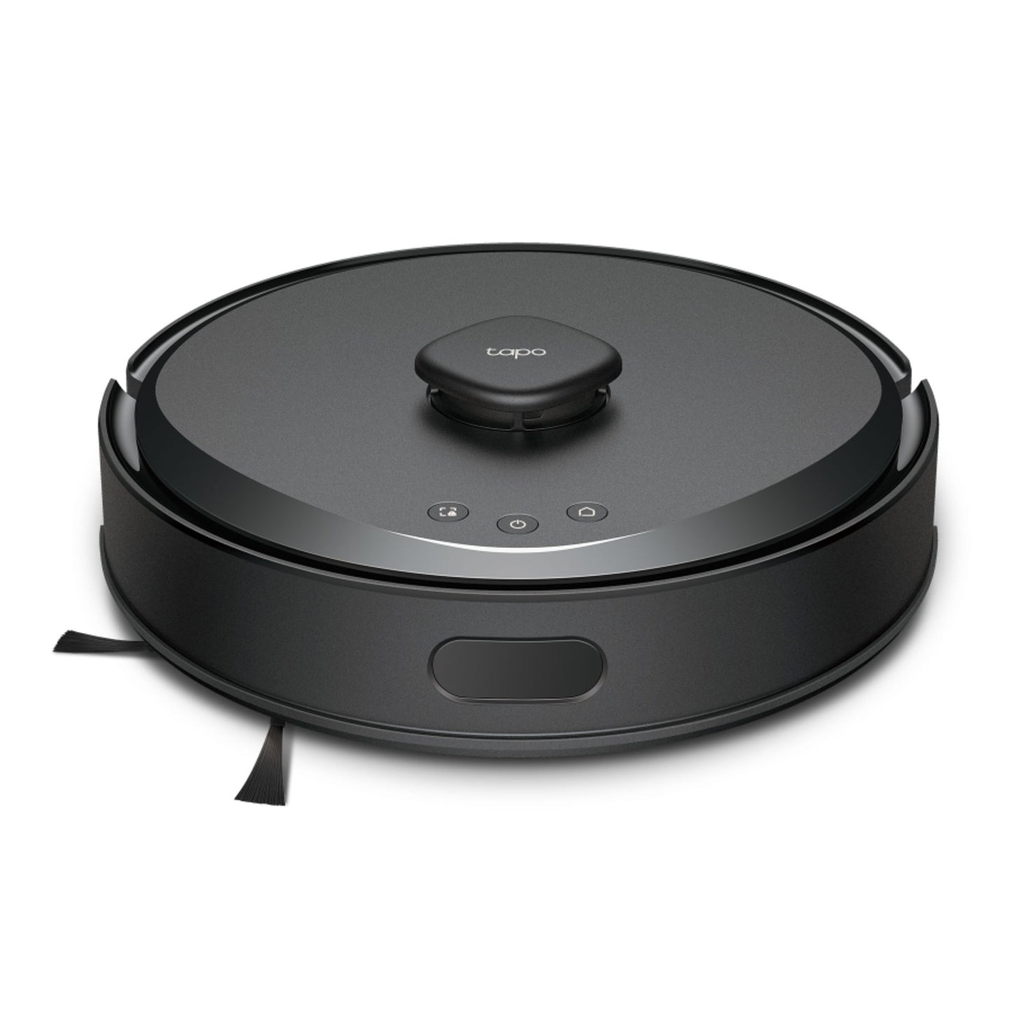 Tapo RV30 Max robotstøvsuger sort, cirkulær med topnavigationssensor og kontrolknapper.