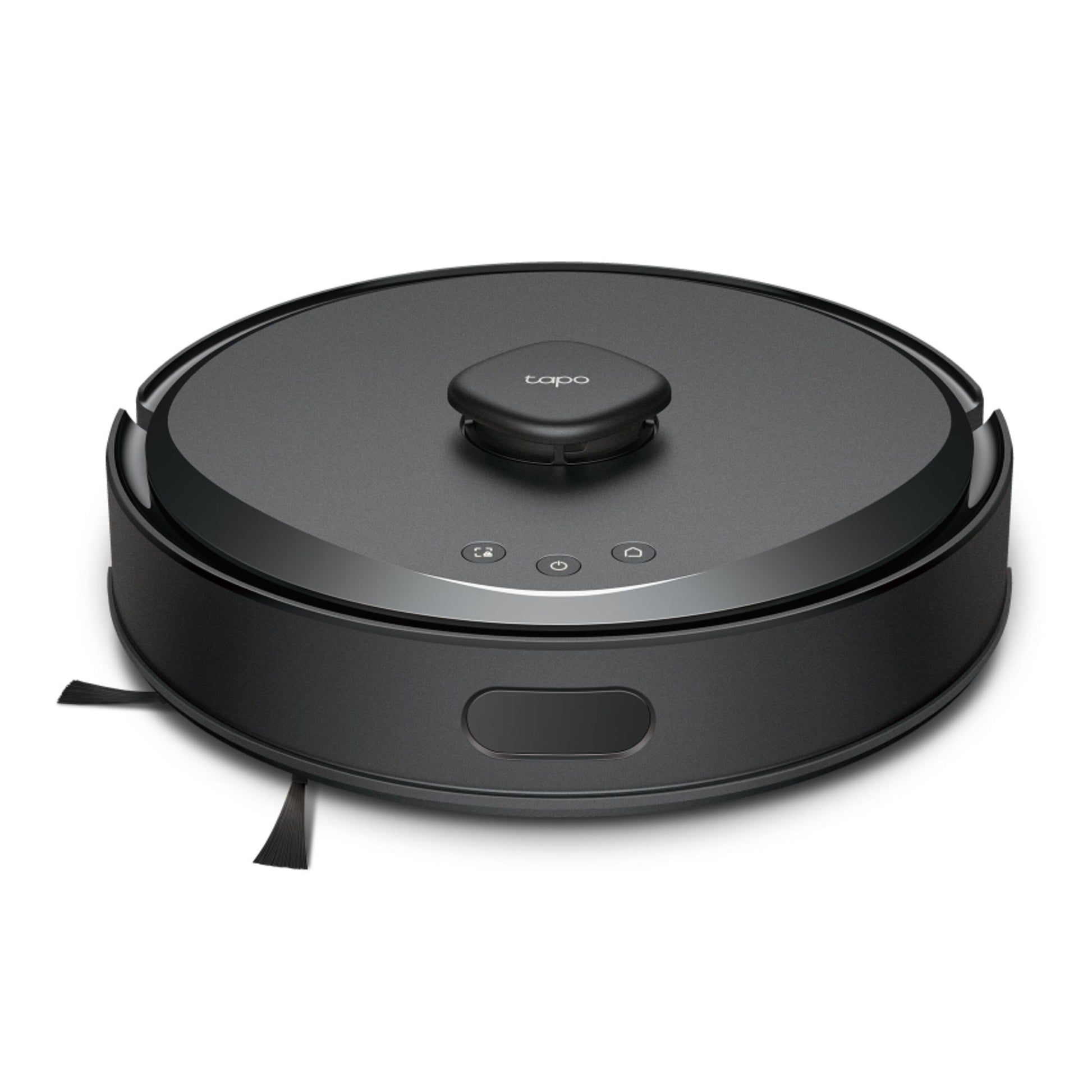 Tapo RV30 Max robotstøvsuger sort, cirkulær med topnavigationssensor og kontrolknapper.