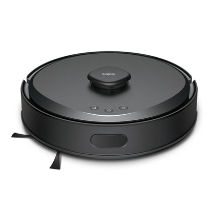 Tapo RV30 Max robotstøvsuger sort, cirkulær med topnavigationssensor og kontrolknapper.