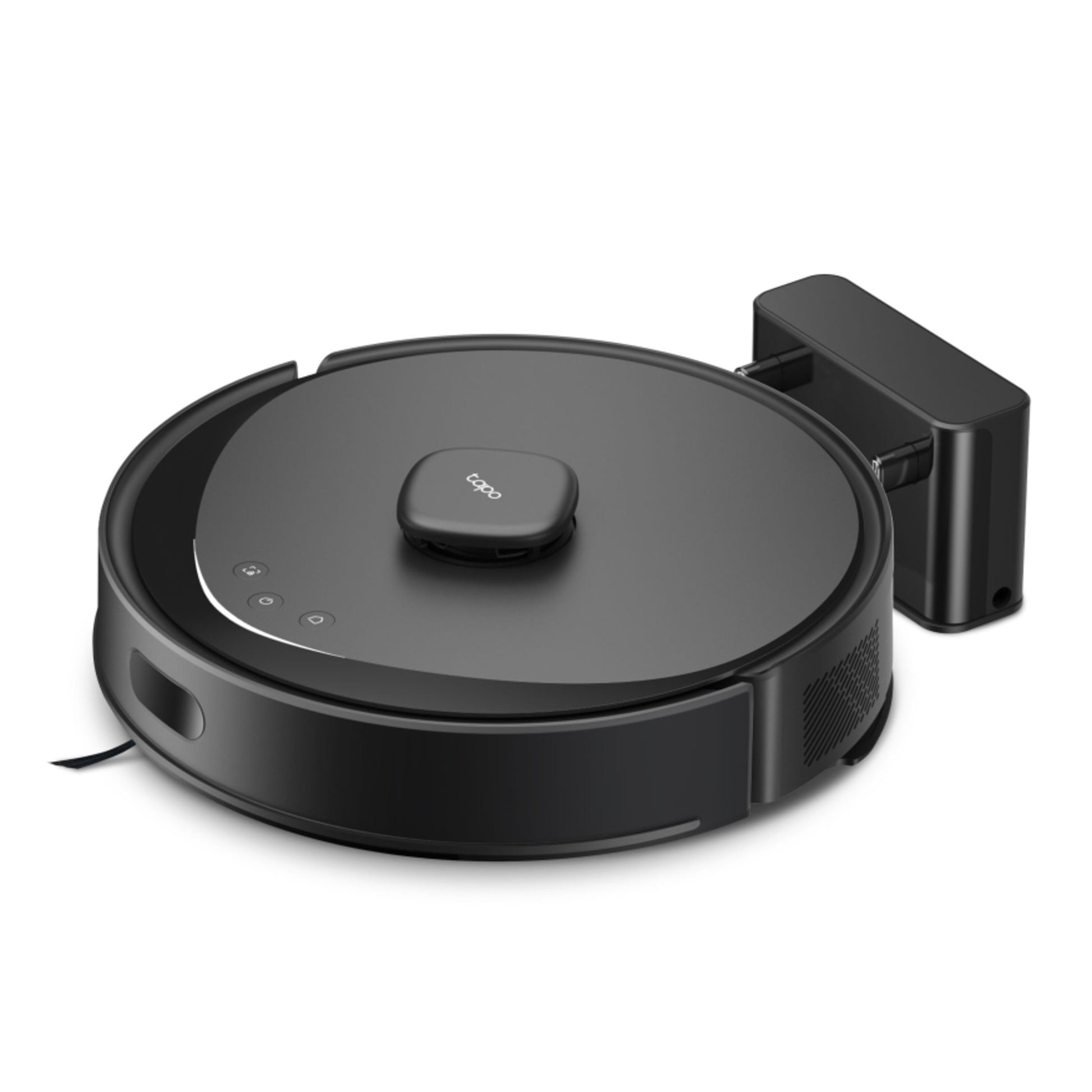 TP-Link Tapo RV30 Max robotstøvsuger i rundt fladt design med central LiDAR-sensor, kontrolknapper og sidebørste.