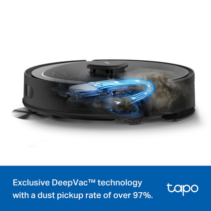 TP-Link Tapo RV30 Max robotstøvsuger sort, blå luftstrømme, DeepVac™ teknologi, støvopsamling over 97 , synligt logo.