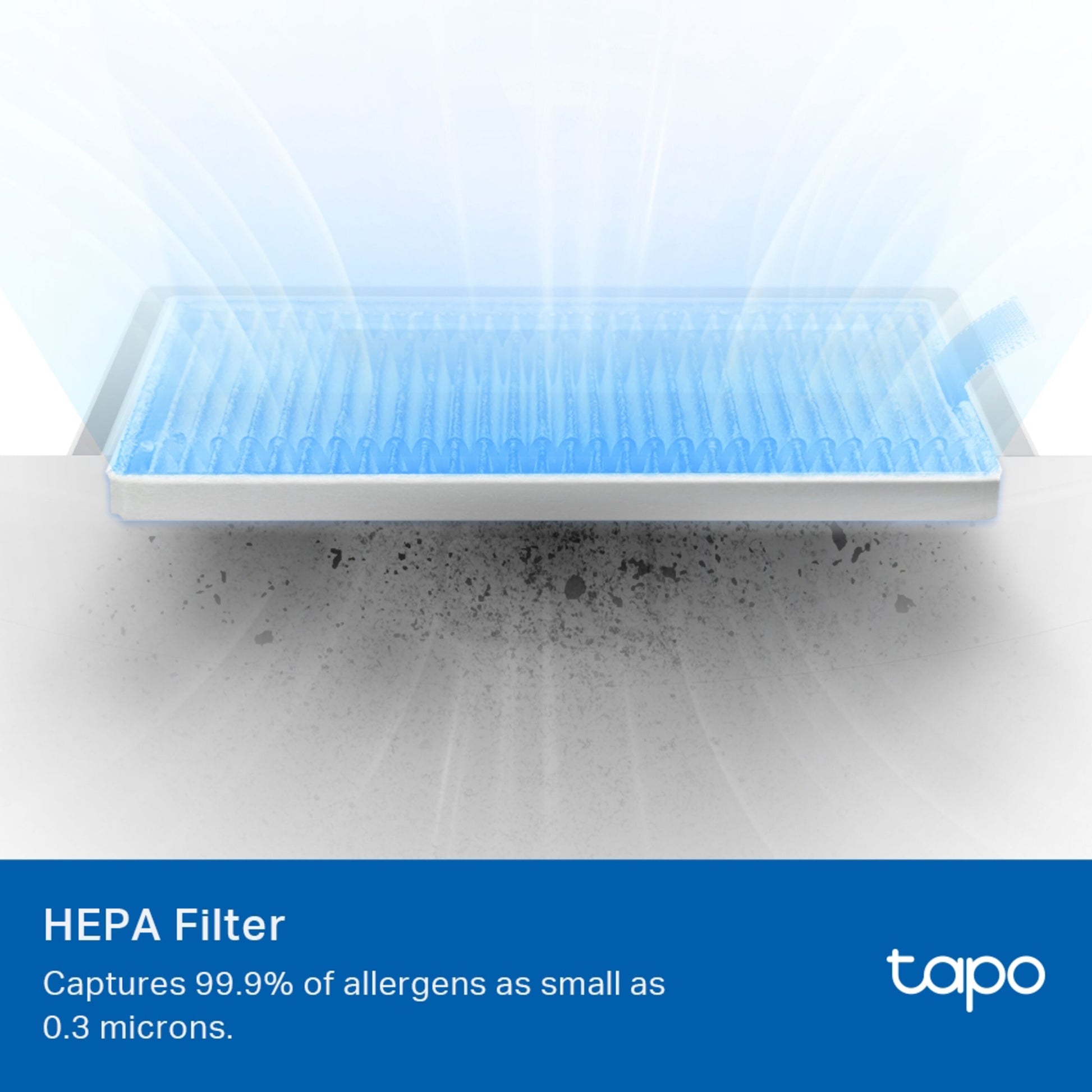 Tapo HEPA-filter til robotstøvsuger, fanger 99,9 af allergener ned til 0,3 mikron, Tapo-logo nederst til højre.