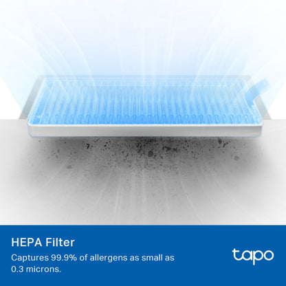 Tapo HEPA-filter til robotstøvsuger, fanger 99,9 af allergener ned til 0,3 mikron, Tapo-logo nederst til højre.