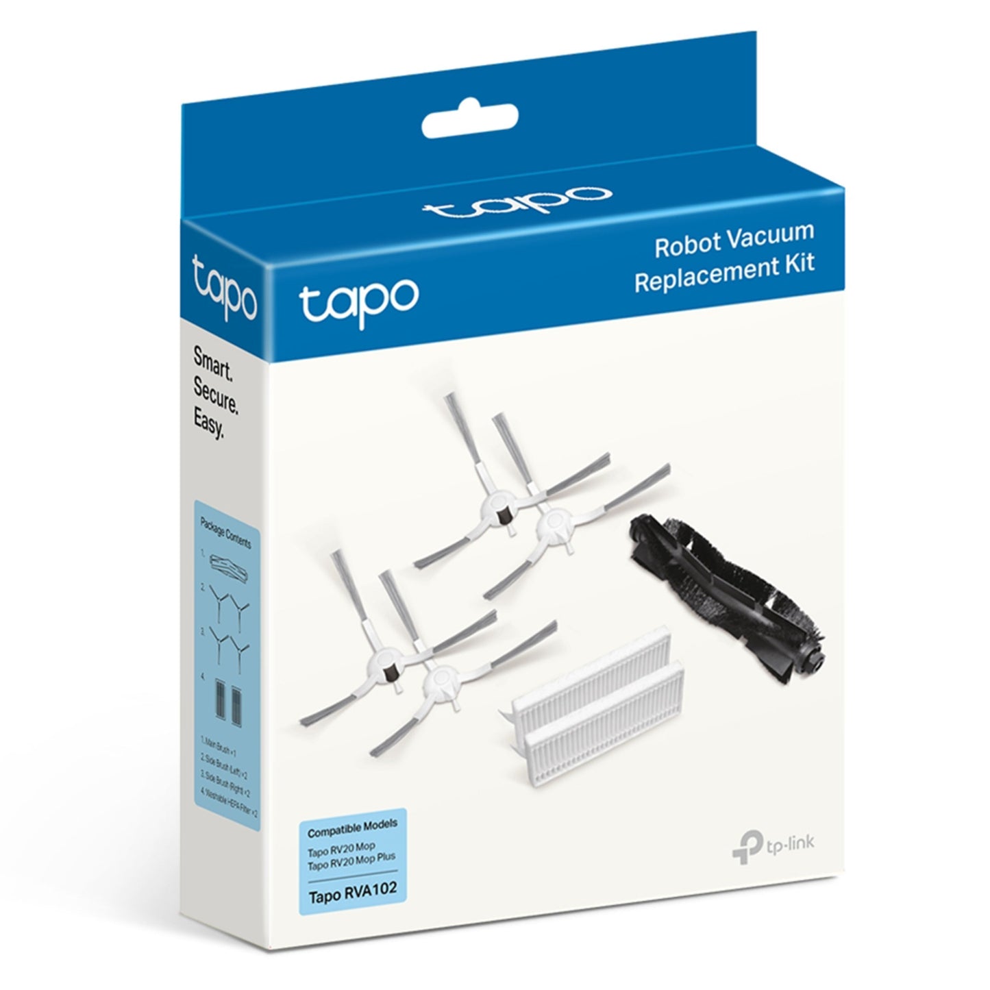 TP-Link tilbehørspakke til Tapo-robotstøvsuger med 4 sidebørster, hovedbørste, HEPA-filtre i hvid/blå kasse med logo.