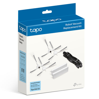 TP-Link tilbehørspakke til Tapo-robotstøvsuger med 4 sidebørster, hovedbørste, HEPA-filtre i hvid/blå kasse med logo.