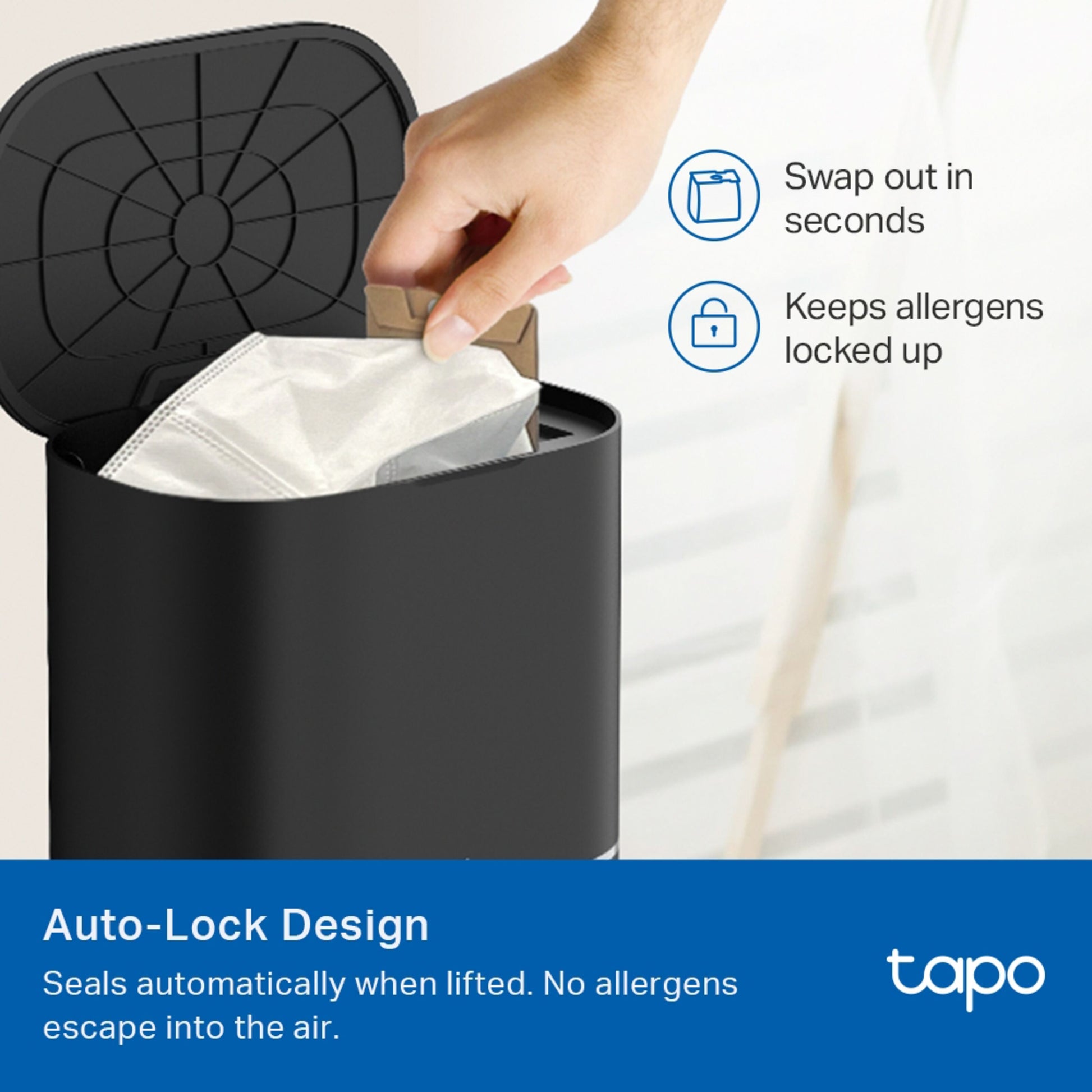 TP-Link støvsugerposer til Tapo robotstøvsuger 5-pak indsættes i sort beholder, tekst: Auto-Lock Design, Tp-Link.