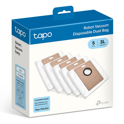 TP-Link støvsugerposer 5-pak til Tapo robotstøvsuger RV30 Max Plus, 3L blå og hvid æske med TP-Link-logo.