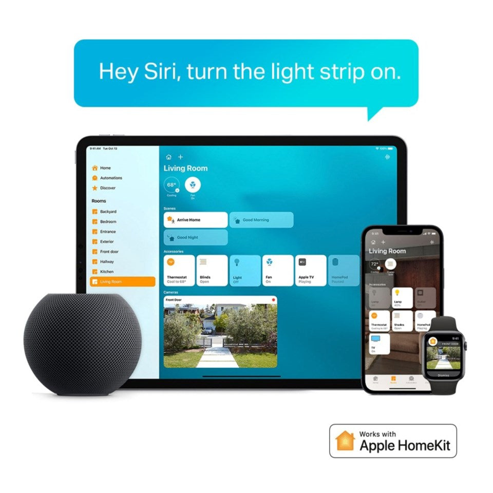 TP-Link Tapo L930-5 Smart Light Strip RGB 5 m vises med HomeKit-logo og appstyring på smartphone, tablet og ur.