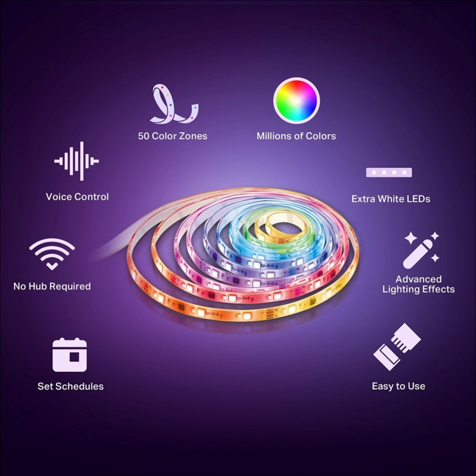 TP-Link Tapo L930-5 RGB LED Light Strip 5 m synlige ikoner for stemmestyring, 50 zoner, ekstra hvide LED og smart home integration.