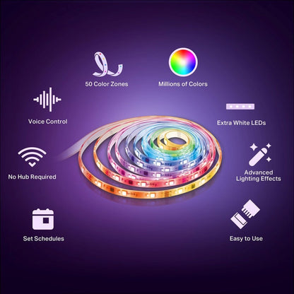 TP-Link Tapo L930-5 RGB LED Light Strip 5 m synlige ikoner for stemmestyring, 50 zoner, ekstra hvide LED og smart home integration.