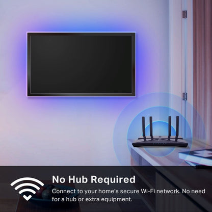 Tapo Tapo L930-5 Smart Light Strip RGB 5 m vises ved vægmonteret TV, tekst: Ingen hub påkrævet, Wi-Fi-tilslutning.