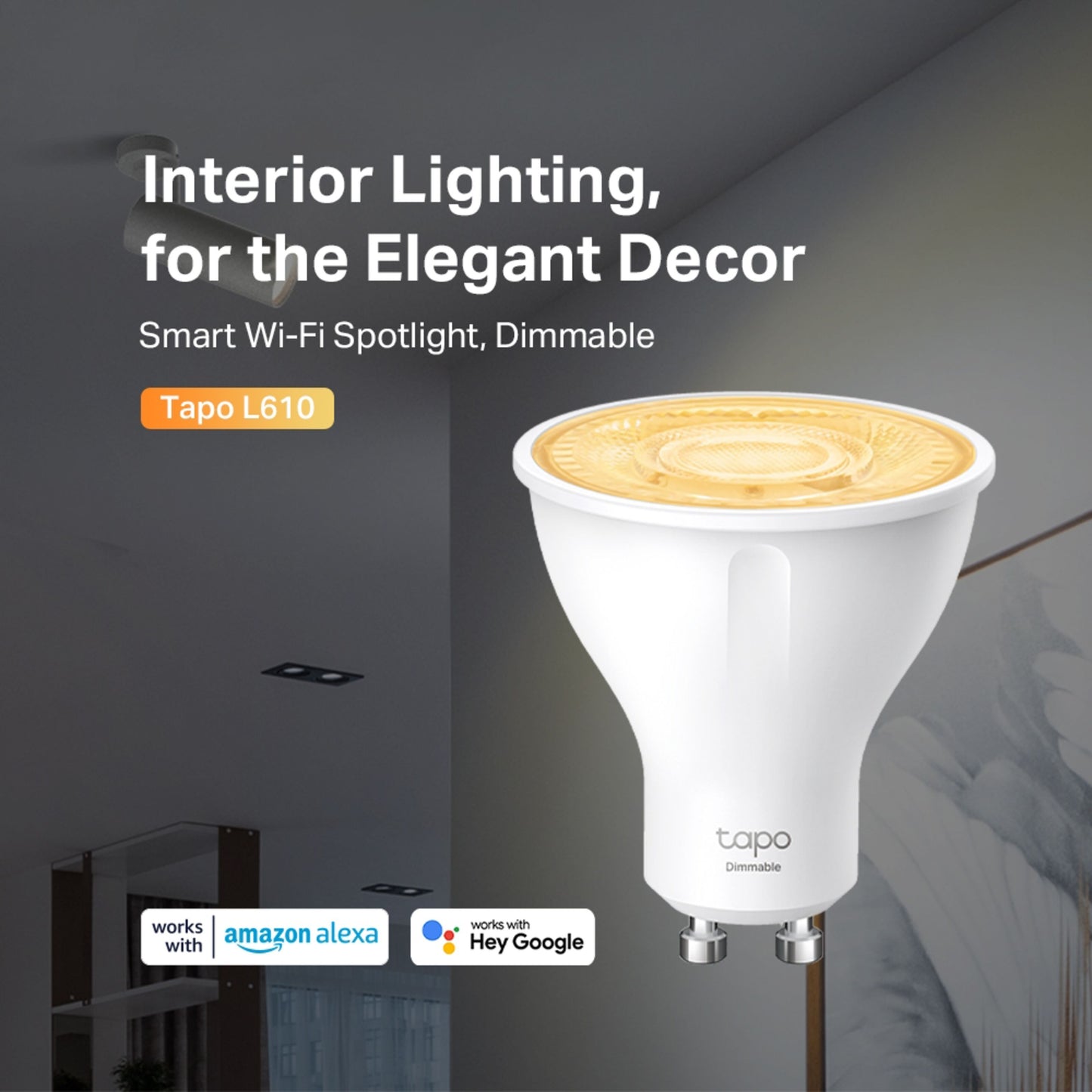 TP-Link Tapo L610 smart LED-pære GU10 dæmpbar styres via Tapo app, Alexa og Google Assistant.
