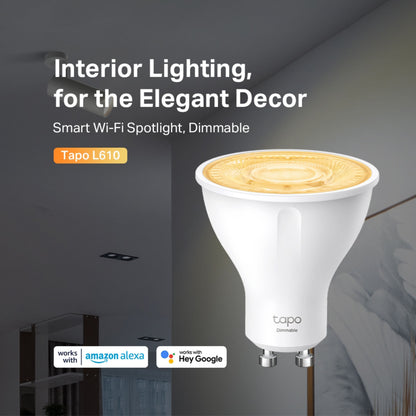 TP-Link Tapo L610 smart LED-pære GU10 dæmpbar styres via Tapo app, Alexa og Google Assistant.