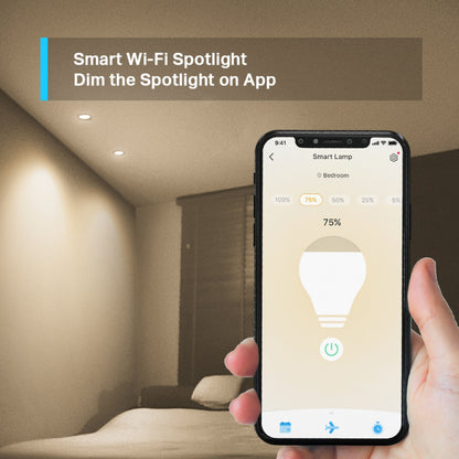 TP-Link Tapo L610 Smart LED-pære GU10 vises i app på smartphone, lysstyrke 75, tekst: Smart Wi-Fi Spotlight.