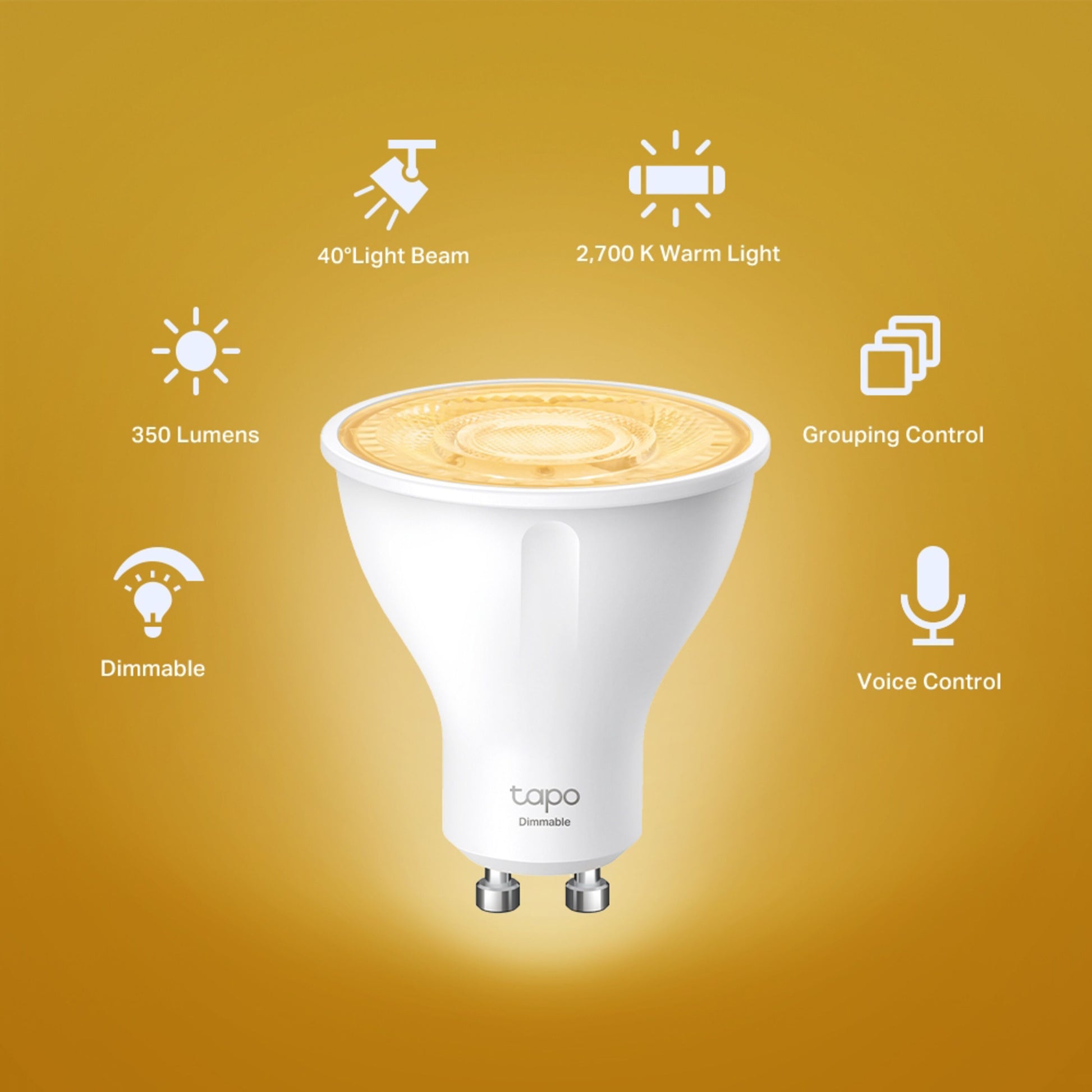 TP-Link Tapo L610 Smart LED GU10, 350 lumen, 40° spredning, 2700K varmt lys, gruppestyring via app og stemmestyring.